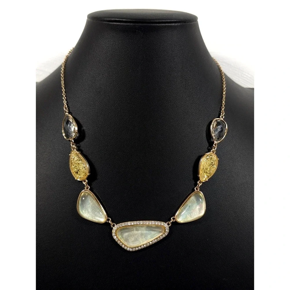 Boho Yellow Gold Tone Cabochon Beige Champagne Statement‎ Crystal Necklace 21 in